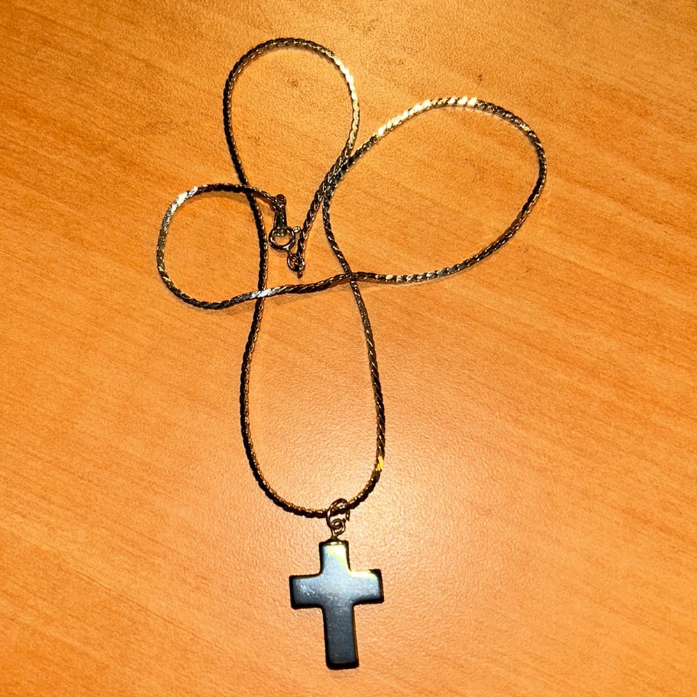 Hematite Silver Cross Necklace Avon 18” chain.